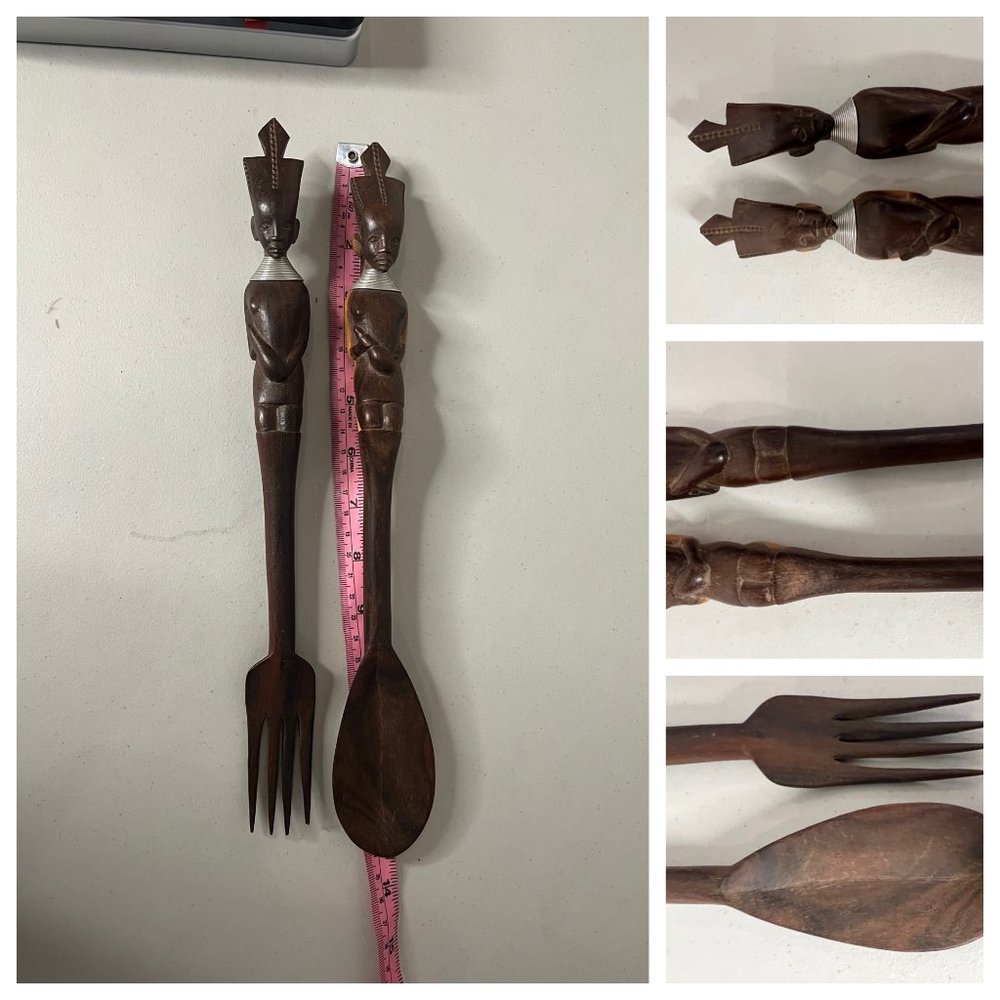 VINTAGE African Folk Art Fork and Spoon Hand Carved Wood Salad Set - Picture 6 of 10